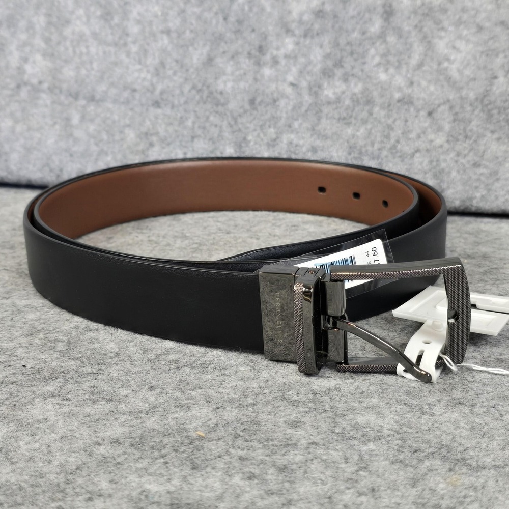Perry Ellis Belt Mens 44 Black Brown Reversible Faux Leather Dress Buckle - Picture 7 of 7